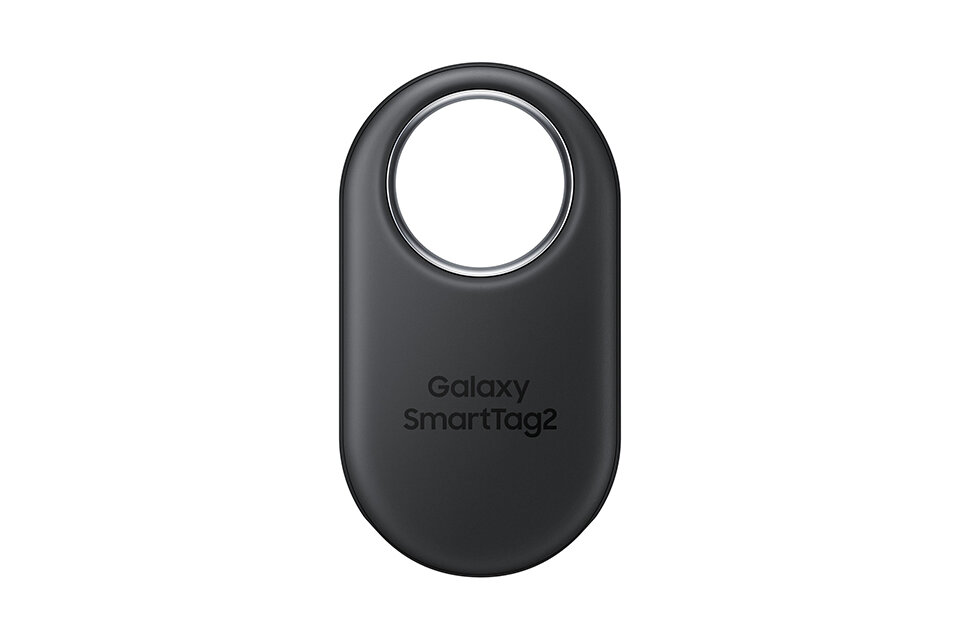 Galaxy SmarTag2 w ofercie Media Expert Czarny, owalny lokalizator z otworem na górze i napisem \'Galaxy SmartTag2\' na środku.