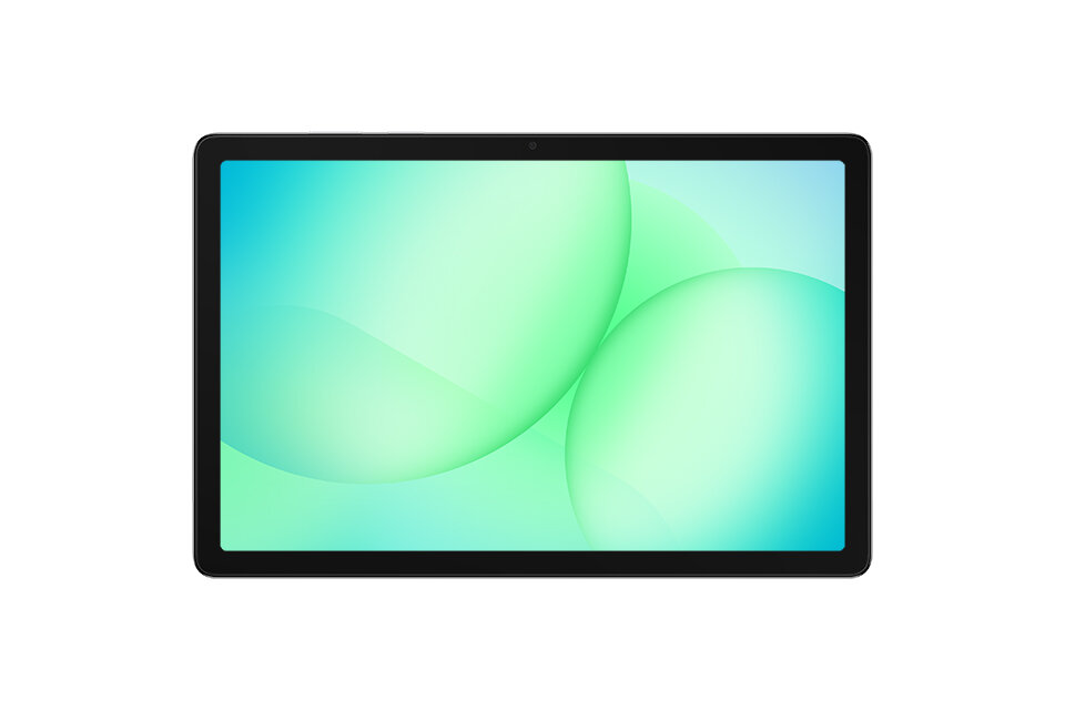 Porównanie tabletów z serii Tab A11 Obraz przedstawia tablet z czarną ramką i wyświetlaczem pokazującym abstrakcyjne, zielone tło.