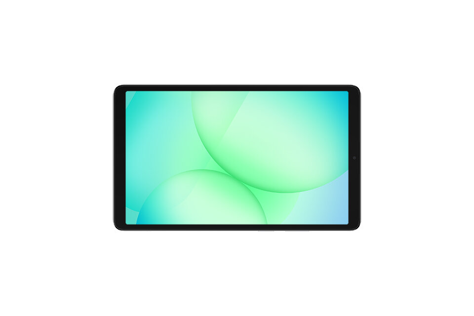 Porównanie tabletów z serii Tab A11 Tablet z czarną ramką i wyświetlaczem pokazującym abstrakcyjne, zielone kształty na jasnym tle.