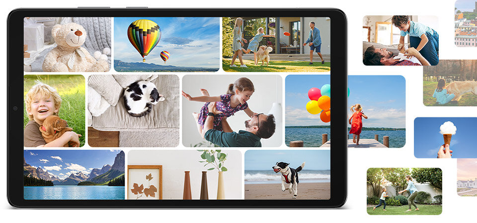 Tablet z wyświetlaczem prezentującym kolaż zdjęć, w tym balon na tle nieba, dziecko z psem, krajobraz górski i rodzinne sceny. Obudowa tabletu jest w kolorze szarym.