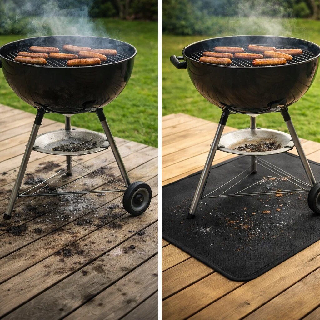 Obraz przedstawia dwa grille na drewnianym tarasie; po lewej stronie grill stoi bezpośrednio na deskach, pozostawiając ślady popiołu, a po prawej stronie grill stoi na czarnej macie ochronnej, która zapobiega zabrudzeniom.