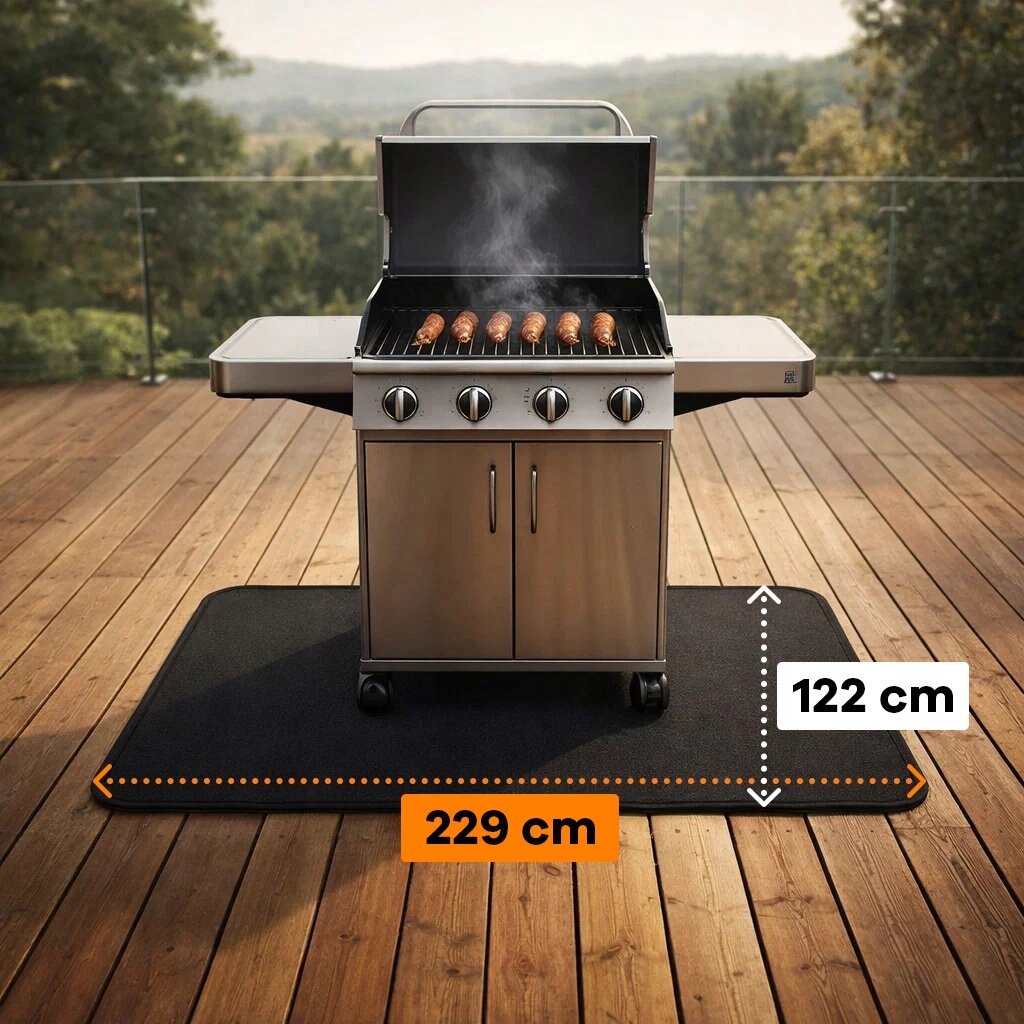 Na drewnianym tarasie stoi grill z otwartą pokrywą, na którym pieką się kiełbaski. Pod grillem znajduje się czarna mata o wymiarach 122 cm na 91 cm.