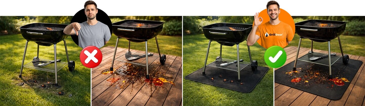 Obraz przedstawia dwa grille na trawie i drewnianym tarasie, z rozlanym jedzeniem i płynami. Po lewej stronie brak maty, a po prawej stronie grill stoi na czarnej macie ochronnej, co zapobiega zabrudzeniom.