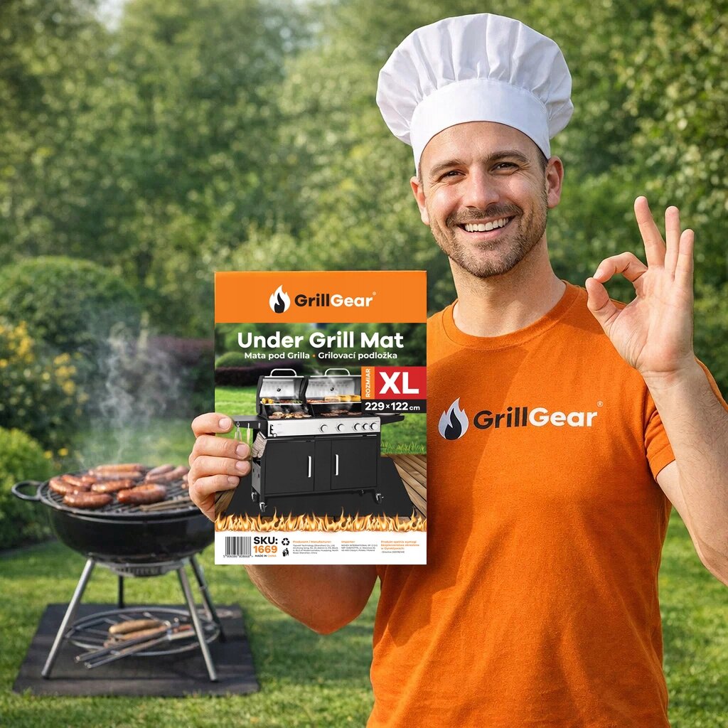 Osoba w pomarańczowej koszulce z logo GrillGear trzyma opakowanie produktu \'Under Grill Mat\' o wymiarach 229x122 cm. W tle widoczny jest grill z kiełbaskami na trawniku.