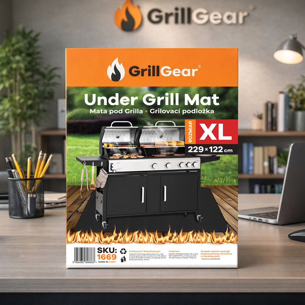 Opakowanie produktu \'Under Grill Mat\' marki GrillGear o wymiarach 229x122 cm, z ilustracją grilla na macie. Widoczny tekst: \'Mata pod Grilla - Grillovací podložka\', \'Rozmiar XL\', \'SKU: 1669\'.