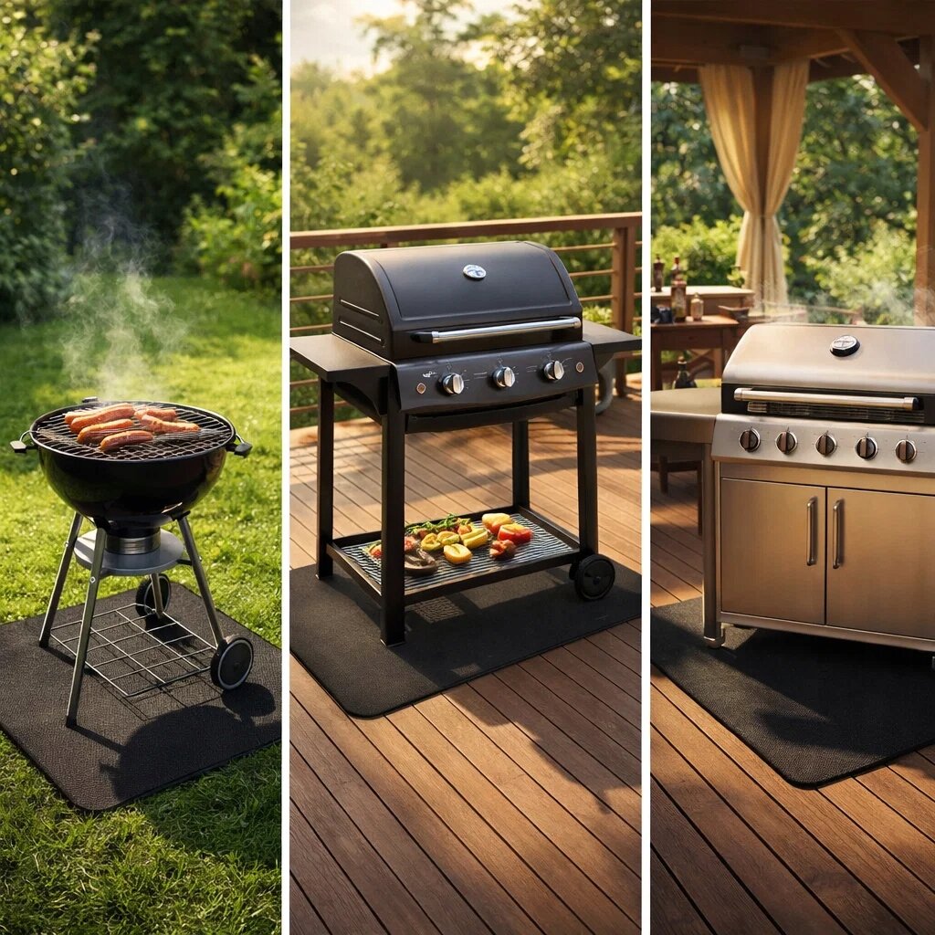 Trzy różne grille stoją na czarnych matach ochronnych na trawie i drewnianym tarasie. Każdy grill jest innego typu, a na jednym z nich widać grillowane kiełbaski.