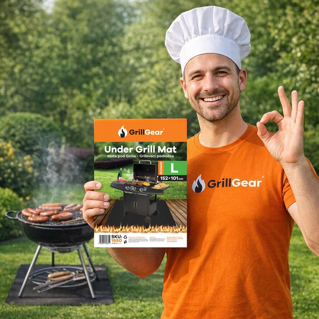 Osoba w pomarańczowej koszulce z logo \'GrillGear\' trzyma opakowanie produktu \'Under Grill Mat\' o wymiarach 152x101 cm. W tle widoczny jest grill z kiełbaskami na trawniku.
