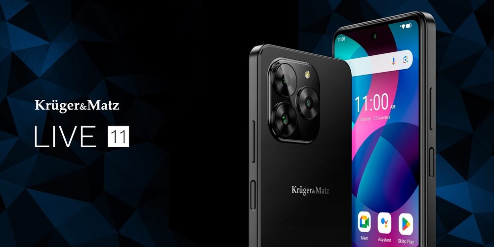 Obraz przedstawia smartfon z logo Krüger&Matz, z trzema aparatami na tylnej obudowie. Na ekranie widoczny jest czas 11:00 oraz kilka ikon aplikacji.