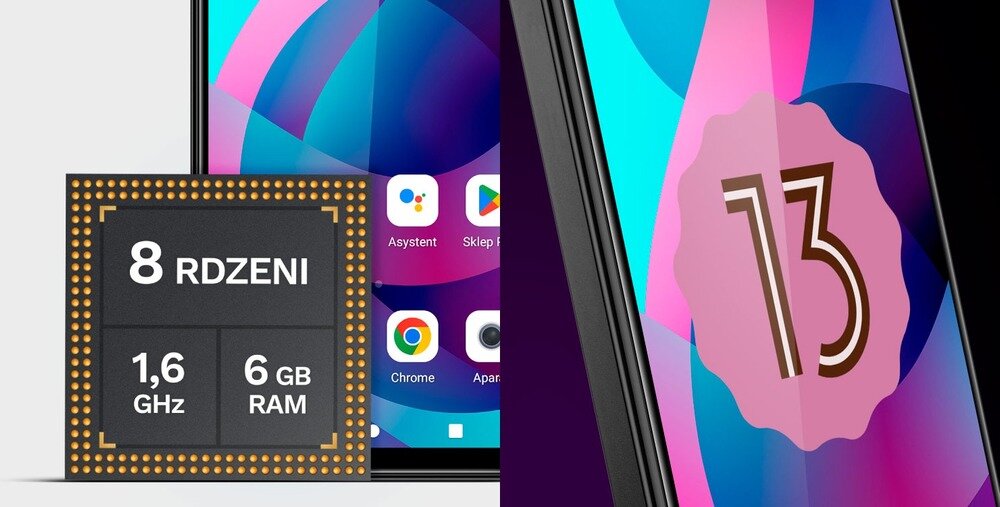 Obraz przedstawia smartfon z kolorowym ekranem, na którym widoczne są ikony aplikacji oraz liczba \'13\' w ozdobnej ramce. Obok znajduje się grafika z napisem \'8 RDZENI, 1,6 GHz, 6 GB RAM\'.
