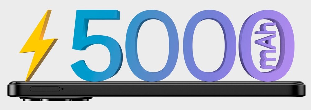 Obraz przedstawia czarny smartfon z widocznym przyciskiem na boku. Nad nim znajduje się napis \'5000 mAh\' z symbolem błyskawicy, sugerującym pojemność baterii.