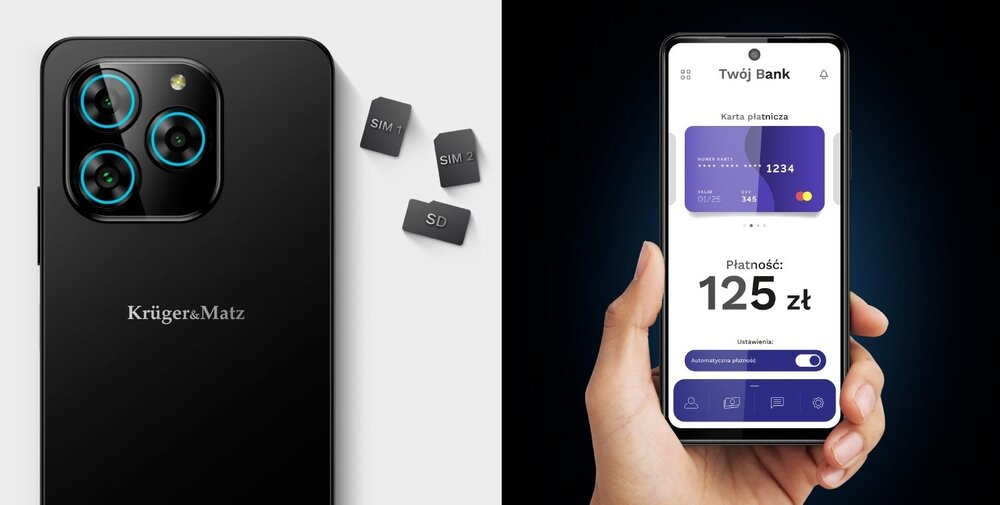 Po lewej stronie widać tył czarnego smartfona z logo Krüger&Matz i trzema obiektywami aparatu. Po prawej stronie osoba trzyma smartfon z wyświetlonym ekranem aplikacji bankowej, na którym widnieje tekst: \'Twój Bank\', \'Karta płatnicza\', \'Płatność: 125 zł\'.
