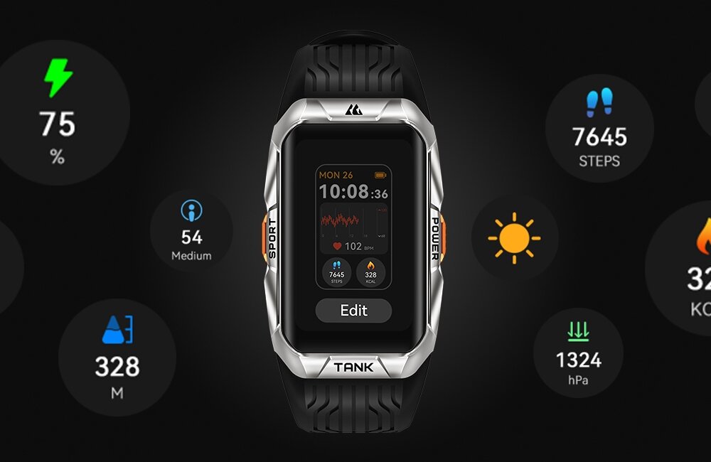 Smartwatch z czarnym paskiem i srebrną obudową wyświetla na ekranie datę, godzinę oraz dane dotyczące aktywności fizycznej. Wokół zegarka widoczne są ikony z informacjami o poziomie naładowania baterii, liczbie kroków, wysokości, ciśnieniu i innych parametrach.