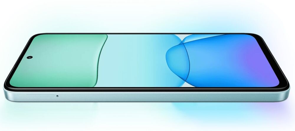 Smartfon z dużym ekranem, na którym widoczne są gradientowe kolory zieleni i niebieskiego. Urządzenie ma metaliczną ramkę i pojedynczy otwór na kamerę z przodu.
