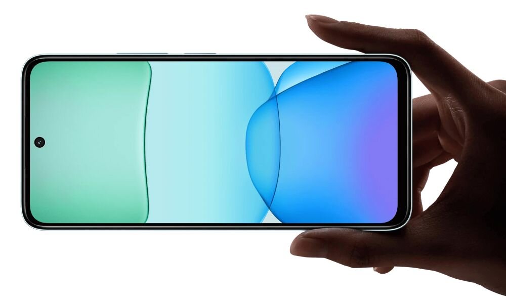 Smartfon z dużym ekranem wyświetlającym gradientowe kolory od zielonego do niebieskiego. Urządzenie jest trzymane w dłoni, widoczna jest przednia kamera w górnej części ekranu.