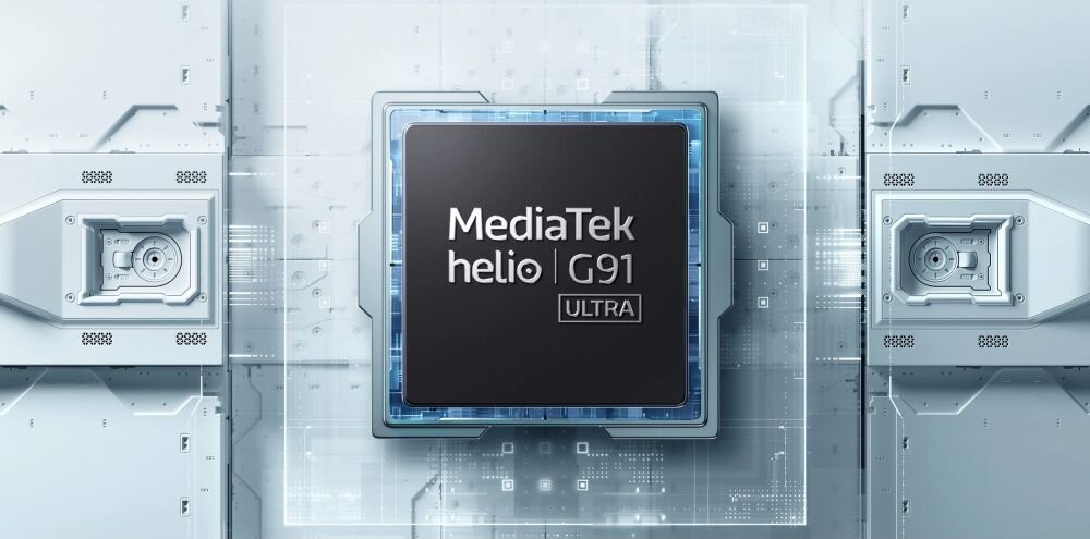 Obraz przedstawia procesor z napisem \'MediaTek helio G91 ULTRA\' na tle technologicznego wzoru. Procesor jest centralnym elementem kompozycji.