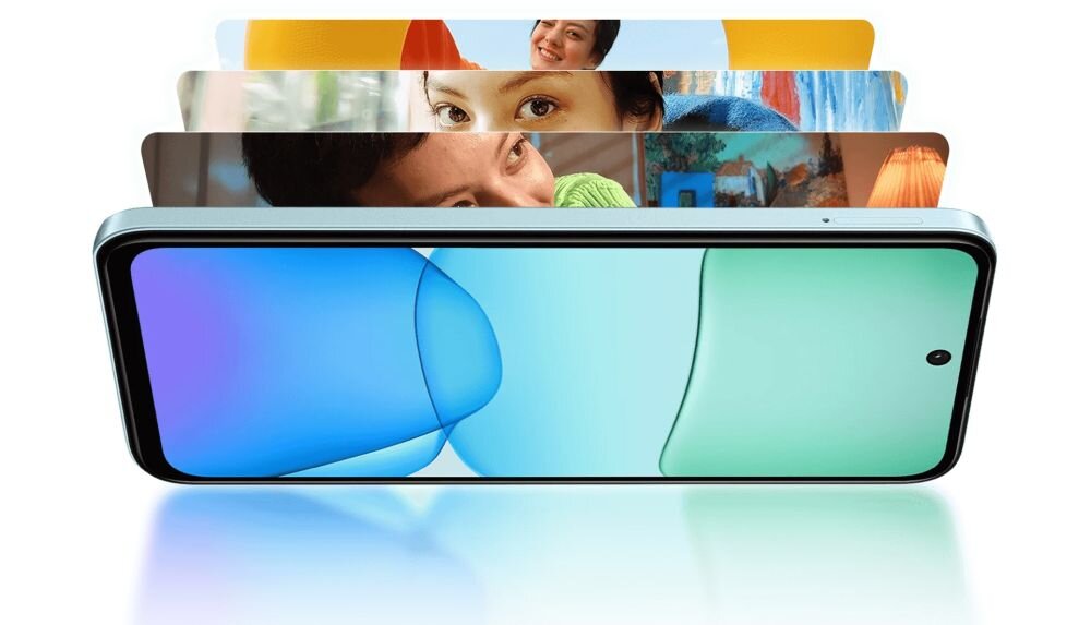 Na obrazie widoczny jest smartfon z wyświetlaczem pokazującym kolorowe grafiki i zdjęcia. Ekran urządzenia jest w orientacji poziomej, a w tle widać kilka warstw obrazów.