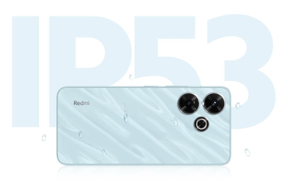 Obraz przedstawia tył smartfona z trzema aparatami i napisem \'Redmi\'. W tle widoczny jest duży napis \'IP53\'.