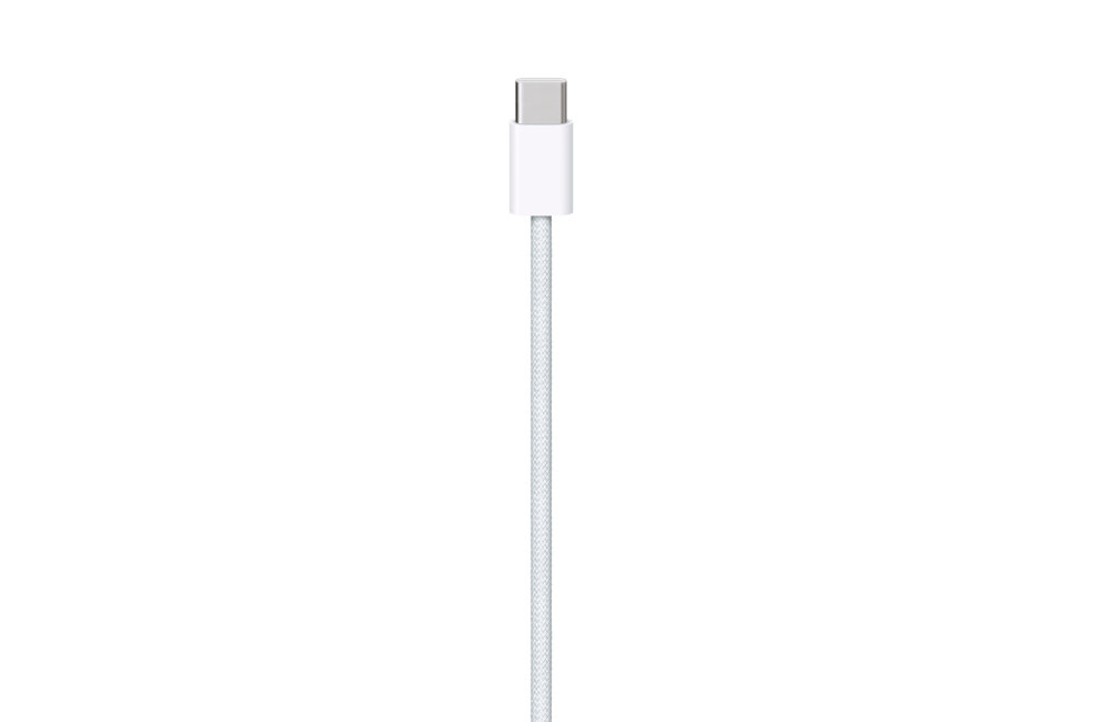 Na obrazie widoczny jest biały kabel USB-C z plecioną osłoną. Kabel ma złącze USB-C na jednym końcu.