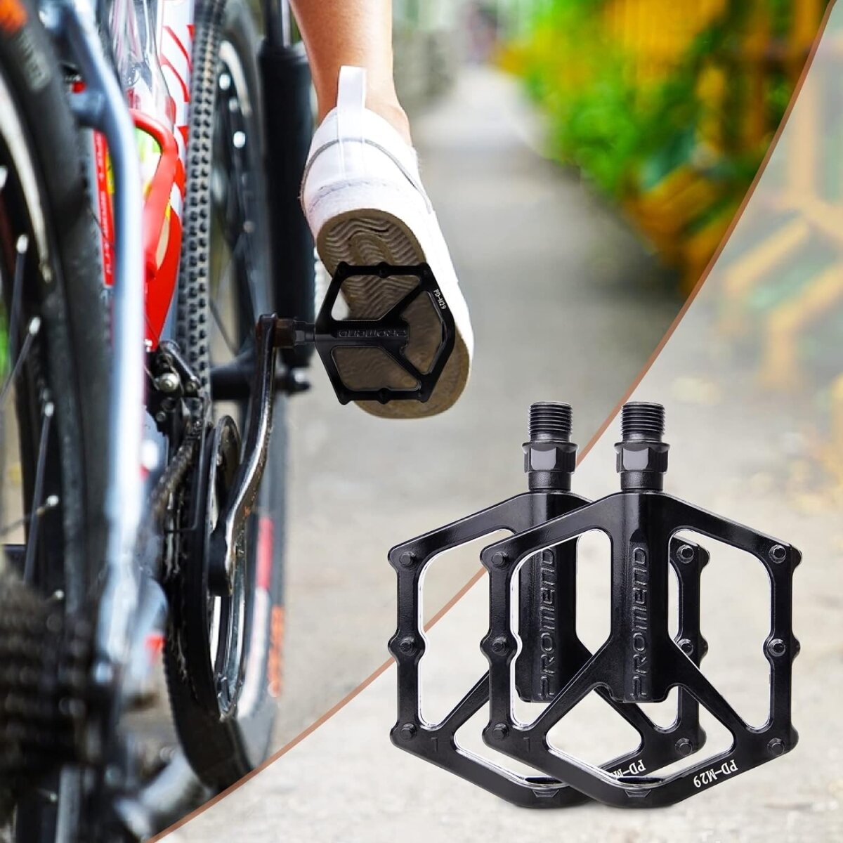 Obraz przedstawia pedały rowerowe aluminiowe platformowe zamontowane na rowerze, z widoczną stopą w białym bucie na jednym z pedałów. Obok znajduje się zbliżenie na dwa pedały z napisem \'PROMEND\'.