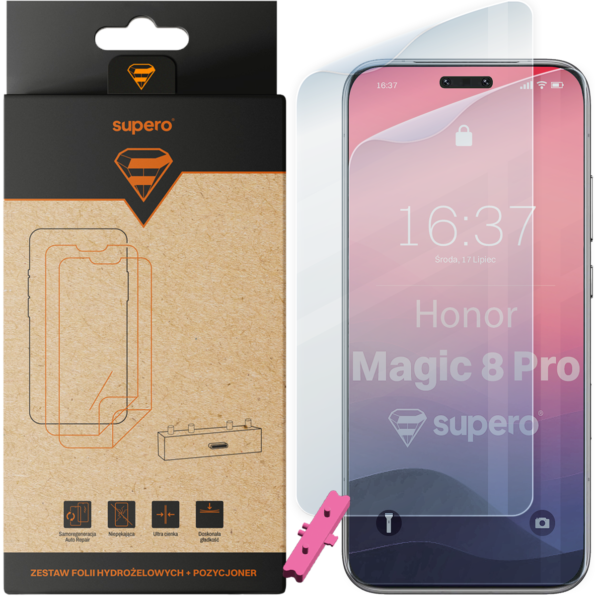 Opakowanie z napisem \'supero\' zawiera zestaw folii hydrożelowych i pozycjoner. Obok znajduje się telefon z nałożoną folią, na ekranie widoczny jest napis \'Honor Magic 8 Pro\'.