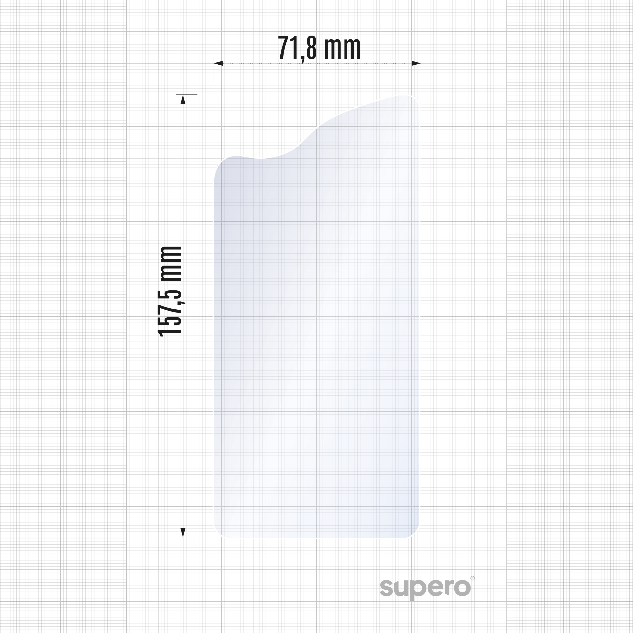 Obraz przedstawia przezroczystą folię o wymiarach 71,8 mm na 157,5 mm na tle siatki. W prawym dolnym rogu widoczne jest logo \'supero\'.