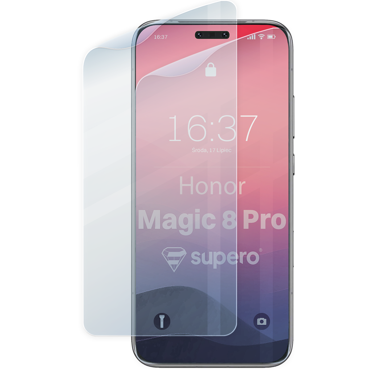 Obraz przedstawia telefon z nałożoną folią ochronną na ekranie. Na ekranie widoczny jest tekst: \'16:37, Środa, 17 Lipiec, Honor Magic 8 Pro, supero\'.
