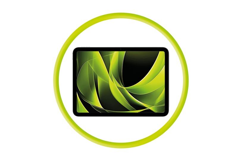 Obraz przedstawia tablet z wyświetlaczem o abstrakcyjnym, zielono-czarnym wzorze, otoczony zielonym okręgiem.