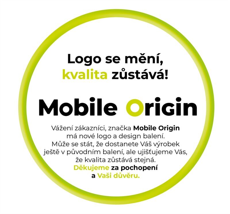 Obraz przedstawia okrągły znak z tekstem: \'Logo se mění, kvalita zůstává! Mobile Origin. Vážení zákazníci, značka Mobile Origin má nové logo a design balení. Může se stát, že dostanete Váš výrobek ještě v původním balení, ale ujišťujeme Vás, že kvalita zůstává stejná. Děkujeme za pochopení a Vaši důvěru.\'