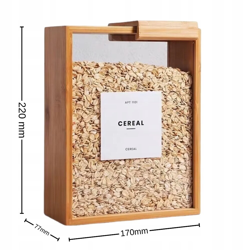 Bambusowy pojemnik na żywność wypełniony płatkami zbożowymi, z etykietą \'APT 1101 CEREAL CEREAL\'. Wymiary pojemnika to 220 mm wysokości, 170 mm szerokości i 77 mm głębokości.