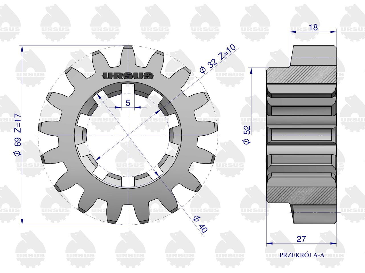 Rysunek techniczny koła zębatego z oznaczeniami wymiarów: średnica zewnętrzna 69 mm, średnica wewnętrzna 32 mm, szerokość 27 mm. Widoczne logo \'URSUS\'.