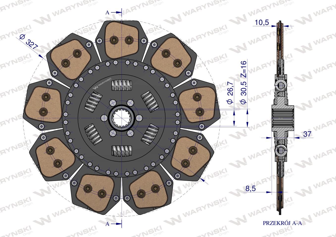 Rysunek techniczny przedstawia tarczę sprzęgła z oznaczeniami wymiarów, takimi jak średnica 327 mm i grubość 10,5 mm. Widoczne jest logo \'WARYŃSKI\' oraz przekrój A-A z dodatkowymi wymiarami.