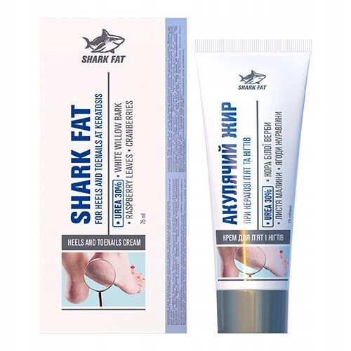 Na obrazie widoczny jest produkt kosmetyczny w tubce oraz jego opakowanie zewnętrzne. Na opakowaniu i tubce znajduje się logo z napisem \'SHARK FAT\' oraz tekst informacyjny dotyczący zastosowania kremu do pięt i paznokci.