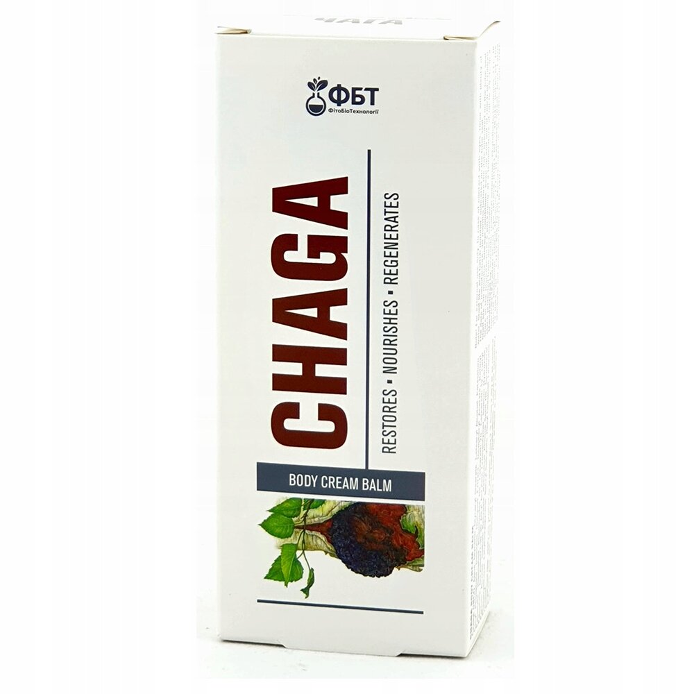 Opakowanie kremu balsamu do ciała z napisem \'CHAGA\' oraz \'RESTORES • NOURISHES • REGENERATES\'. Widoczne jest logo producenta oraz ilustracja grzyba i liści.