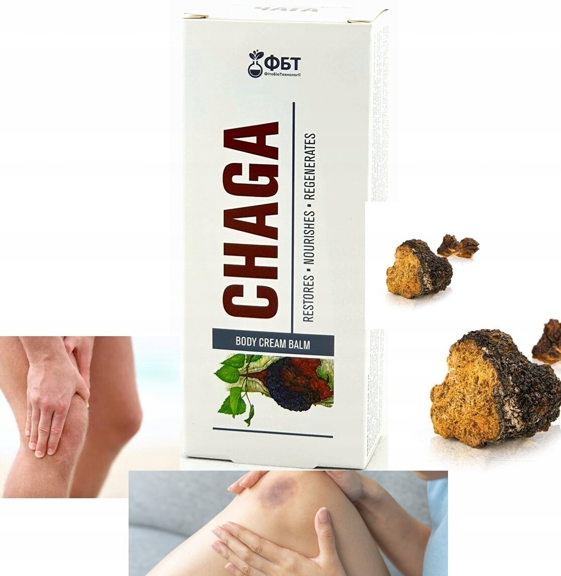 Na obrazie widoczny jest biały kartonik z napisem \'CHAGA RESTORES • NOURISHES • REGENERATES BODY CREAM BALM\' oraz logo z napisem w obcym języku. Obok kartonika znajdują się dwa kawałki grzyba oraz zdjęcia dłoni aplikujących krem na skórę.