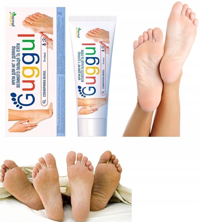 Obraz przedstawia opakowanie i tubkę kremu do stóp z napisem \'Guggul\', obok zdjęcia stóp. Widoczny jest również tekst w języku obcym oraz logo producenta w lewym górnym rogu opakowania.