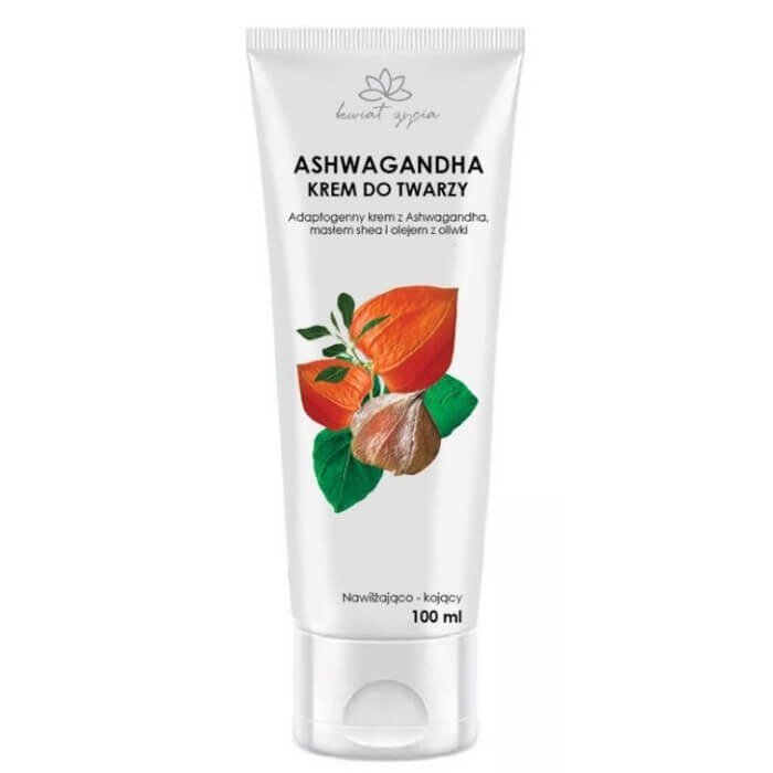 Biała tubka z kremem do twarzy o pojemności 100 ml z napisem \'ASHWAGANDHA KREM DO TWARZY\'. Na opakowaniu widoczne są ilustracje liści i owoców oraz tekst \'Adaptogenny krem z Ashwagandhą, masłem shea i olejem z oliwki\'.