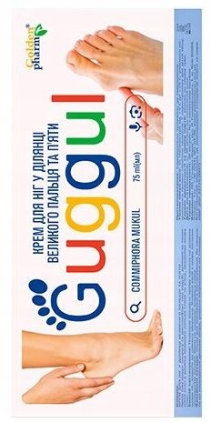 Opakowanie kremu do stóp z napisem \'Guggul\' i grafiką stóp. Widoczne logo \'Golden Pharm\'.