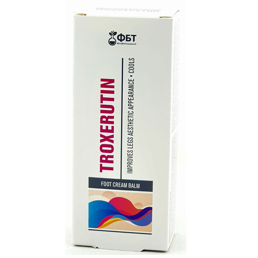 Opakowanie kremu do stóp z napisem \'TROXERUTIN\' oraz \'IMPROVES LEGS AESTHETIC APPEARANCE - COOLS\'. Widoczne jest kolorowe logo i napis \'FOOT CREAM BALM\'.