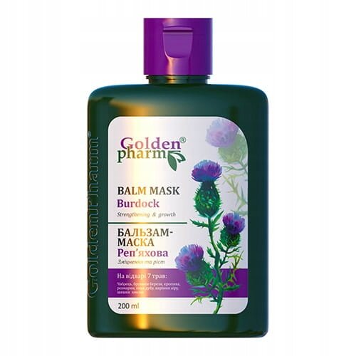 Butelka z ciemnozielonego plastiku z fioletową nakrętką, zawiera etykietę z napisem \'Golden pharm\', \'BALM MASK Burdock\', \'200 ml\' oraz ilustracją łopianu.