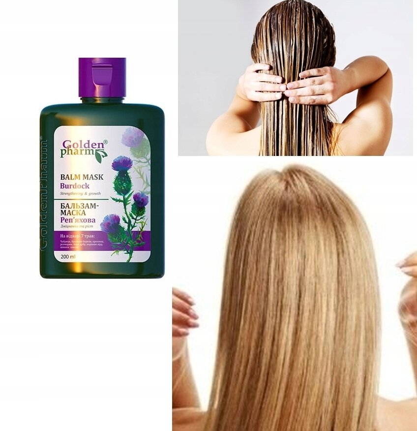 Obraz przedstawia butelkę balsamu do włosów z etykietą \'Golden pharm BALM MASK Burdock\' oraz dwie fotografie włosów: mokrych i suchych. Na etykiecie widoczne są rysunki łopianu i tekst w języku angielskim oraz rosyjskim.
