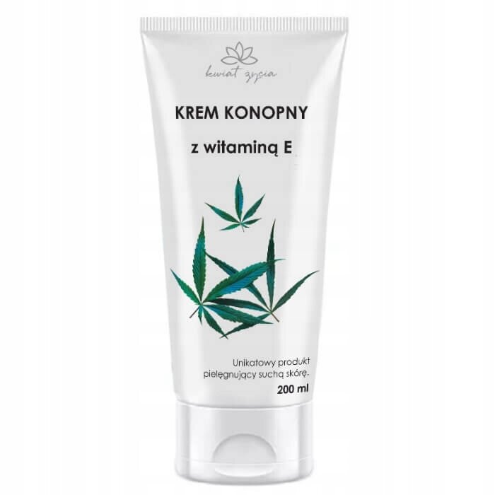 Biała tubka z napisem \'KREM KONOPNY z witaminą E\' oraz grafiką liści konopi. Na dole napis \'Unikatowy produkt pielęgnujący suchą skórę. 200 ml\'.