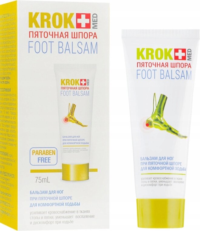 Na obrazie widoczny jest produkt \'KROK MED FOOT BALSAM\' w tubce oraz jego opakowanie. Na opakowaniu i tubce znajduje się grafika stopy oraz tekst w języku angielskim i rosyjskim, a także oznaczenie \'PARABEN FREE\'.