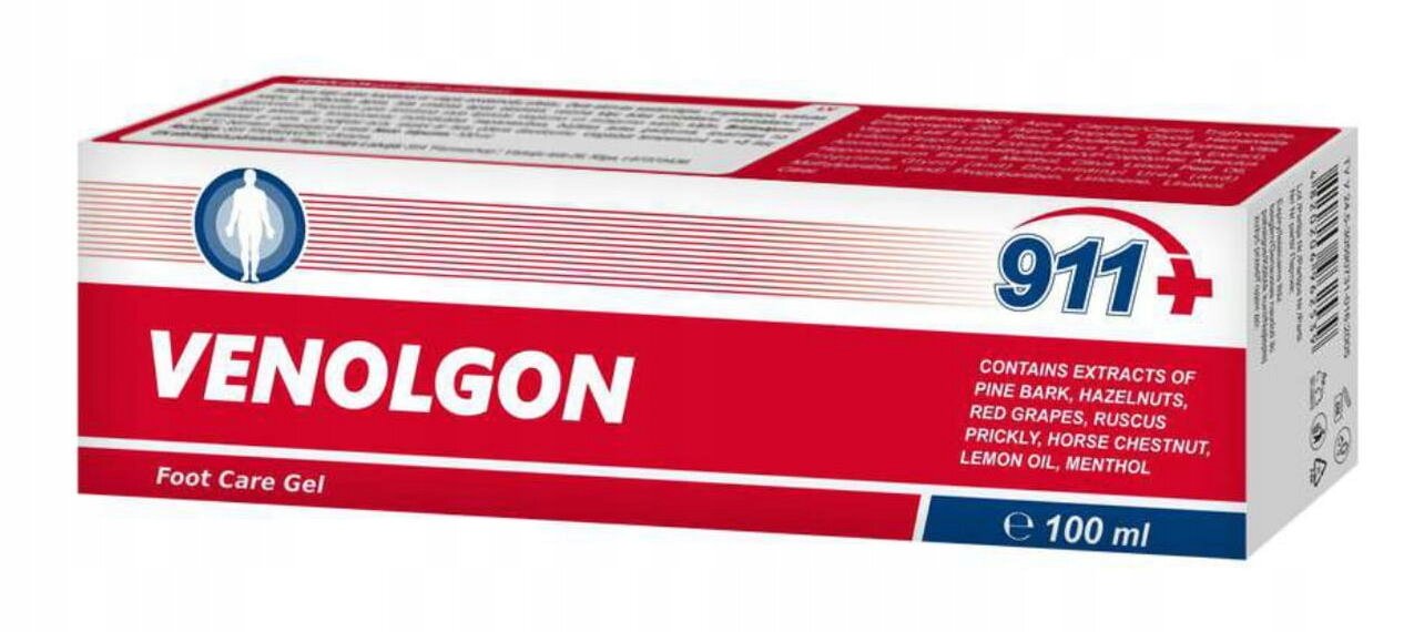 Opakowanie produktu Venolgon Foot Care Gel o pojemności 100 ml z widocznym logo 911+. Na opakowaniu znajduje się informacja o składnikach: pine bark, hazelnuts, red grapes, ruscus, prickly, horse chestnut, lemon oil, menthol.