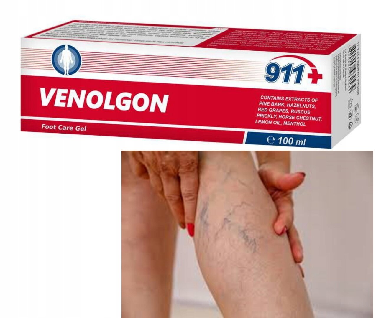 Na górze widoczny jest biało-czerwony kartonik z napisem \'VENOLGON Foot Care Gel\' oraz \'911+\', zawierający informacje o składnikach. Na dole zdjęcie przedstawia dłoń dotykającą nogi z widocznymi żylakami.