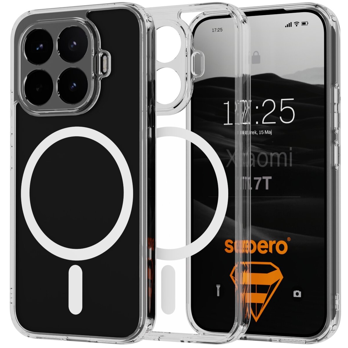 Przezroczyste etui z widocznym białym okręgiem na czarnym tle, przeznaczone do telefonu Xiaomi 17T Pro. Na ekranie telefonu widoczny jest tekst: \'Xiaomi 17T Pro\' oraz logo \'supero\'.