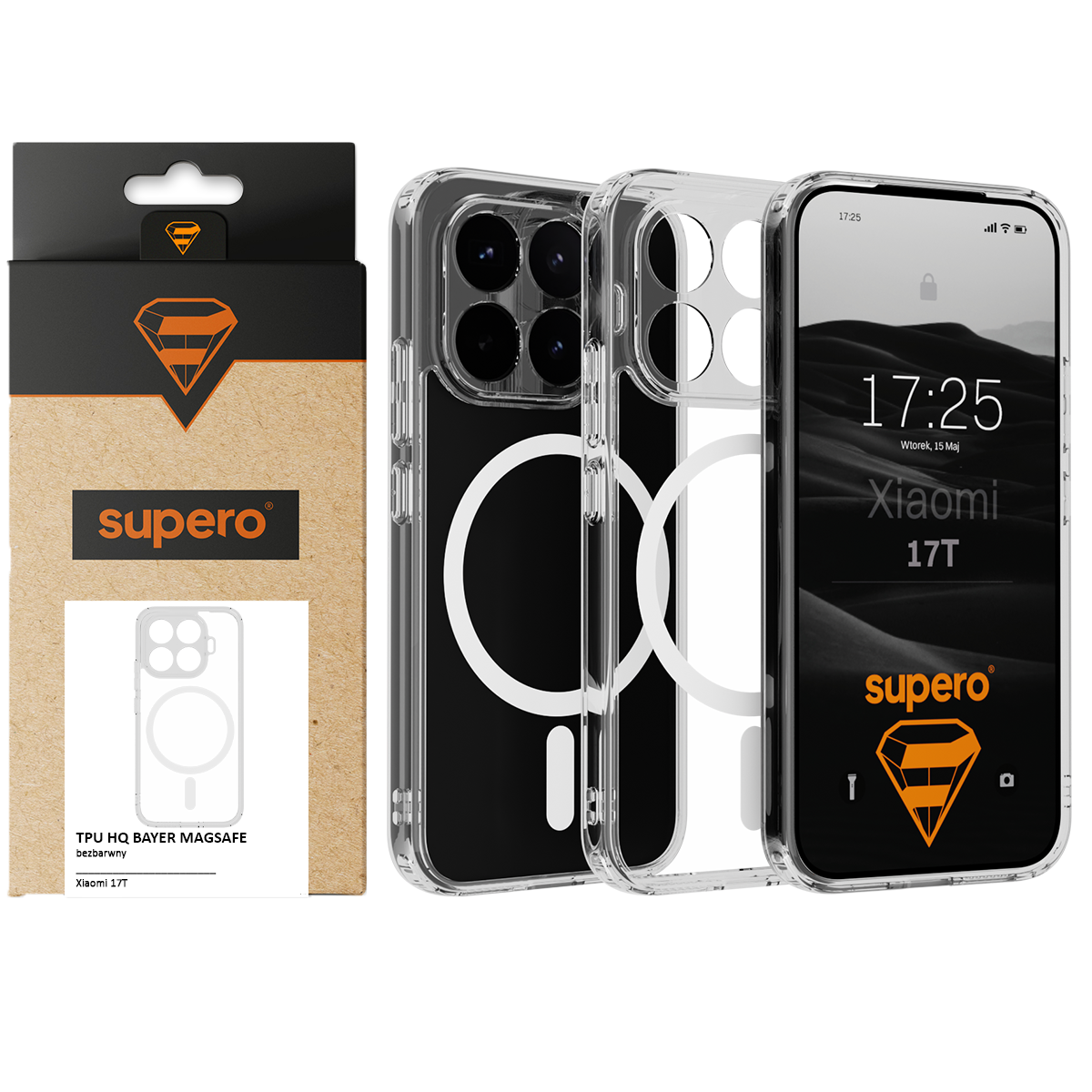 Obraz przedstawia przezroczyste etui na telefon z widocznym okrągłym wzorem, obok znajduje się opakowanie z logo \'supero\'. Na ekranie telefonu widoczny jest napis \'Xiaomi 17T\' oraz godzina 17:25.