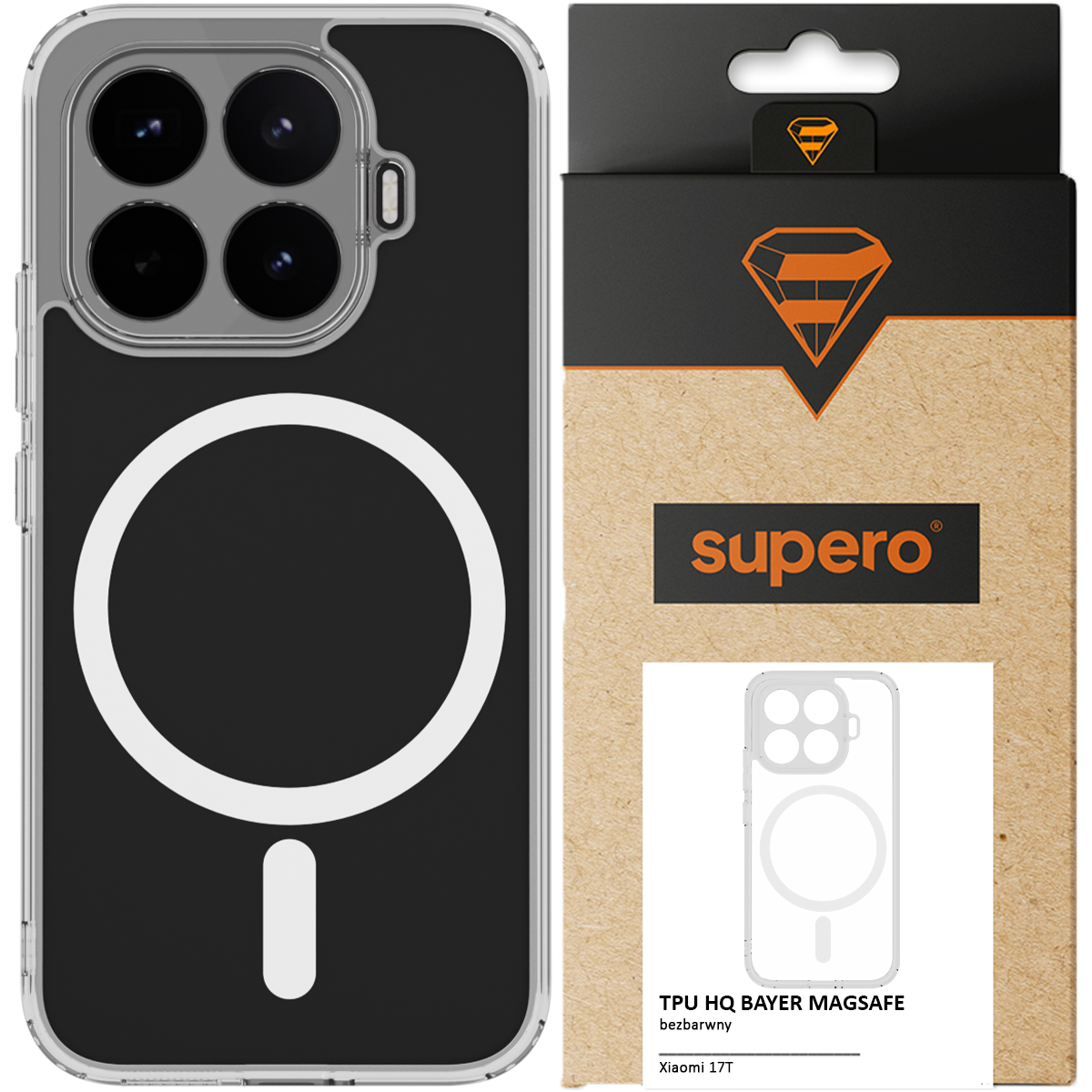 Obraz przedstawia etui na telefon z dużym okręgiem i mniejszym prostokątem na czarnym tle, obok znajduje się opakowanie z logo \'supero\'. Na opakowaniu widnieje napis \'TPU HQ BAYER MAGSAFE bezbarwny Xiaomi 17T Pro\'.