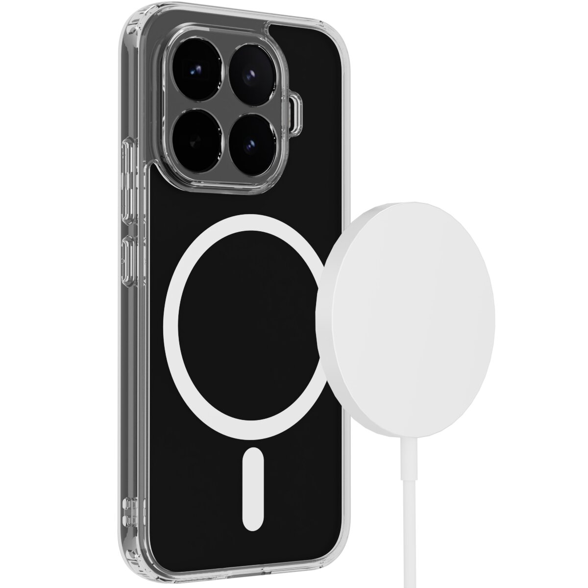 Przezroczyste etui na telefon z widocznym dużym okręgiem i mniejszym prostokątem na czarnym tle, obok znajduje się biały, okrągły element z kablem.