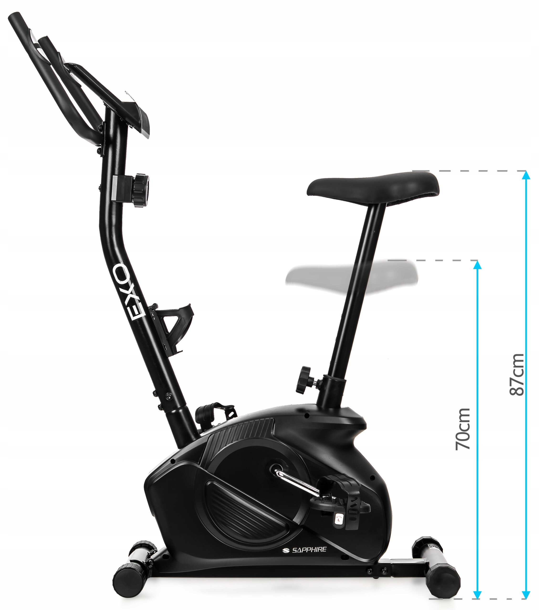 Czarny rower treningowy stacjonarny z napisem \'EXO\' na ramie i logo \'SAPPHIRE\' na obudowie. Widoczne wymiary wysokości: 70 cm i 87 cm.