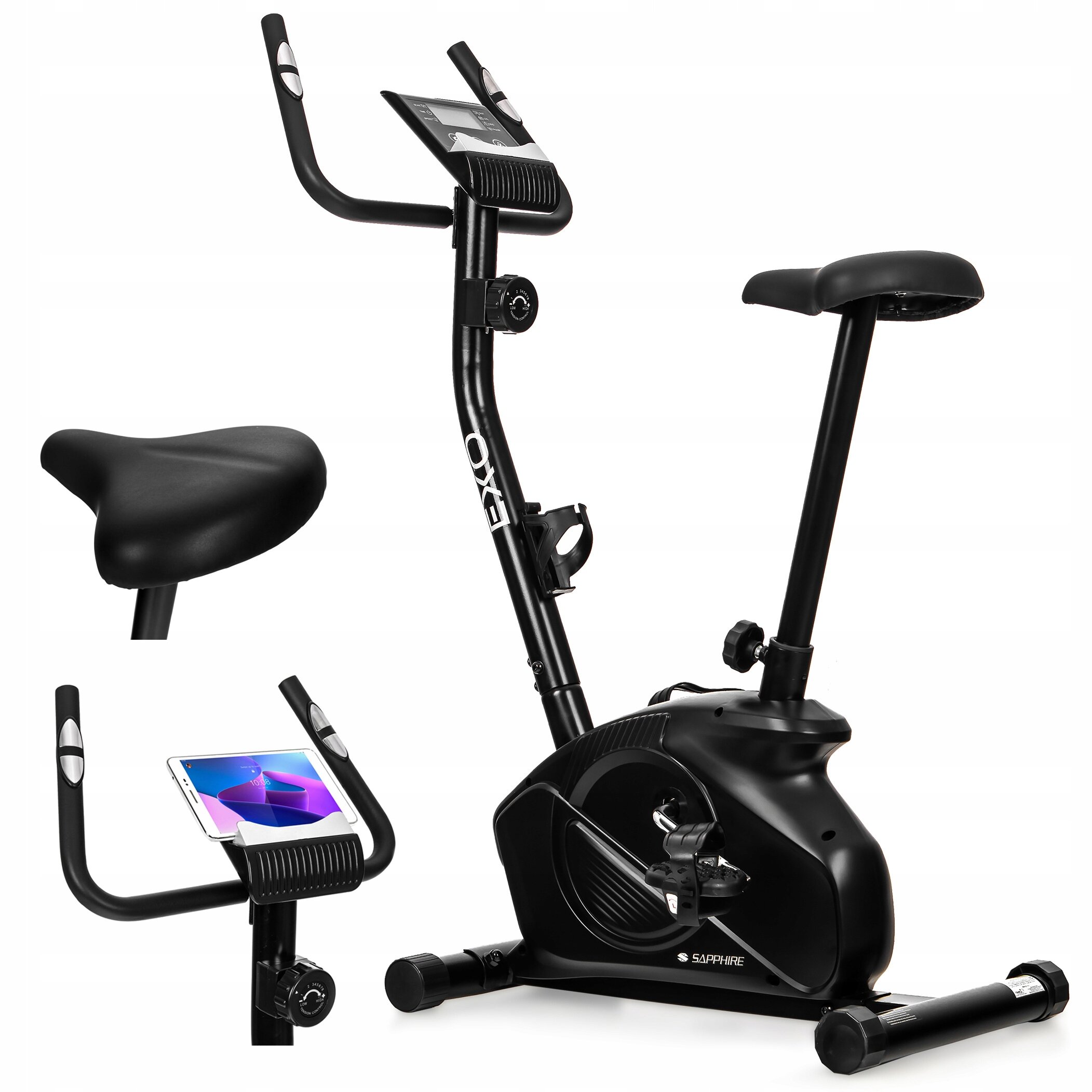 Czarny rower treningowy stacjonarny z magnetycznym oporem, posiada wyświetlacz i uchwyt na tablet. Na ramie widoczny napis \'EXO\', a na obudowie logo \'SAPPHIRE\'.
